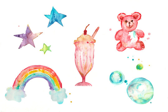 Set rock illustration retro watercolor patch with star, milkshake, teddy bear, soap bubble and rainbow
