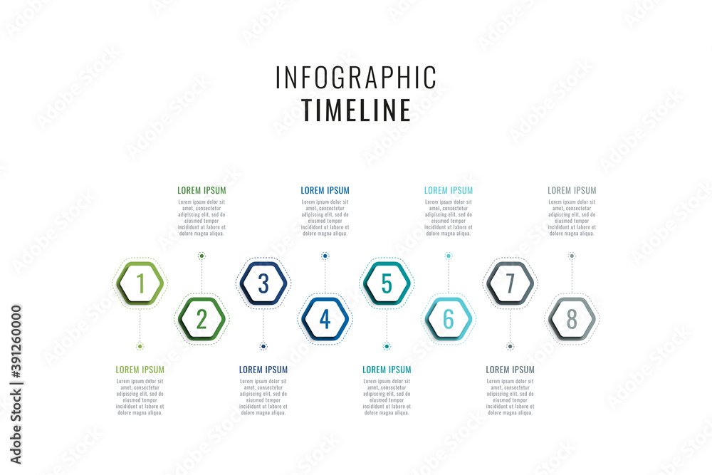 Fototapete eight steps horizontal timeline infographic template. multicolor hexagonal elements with numbers and