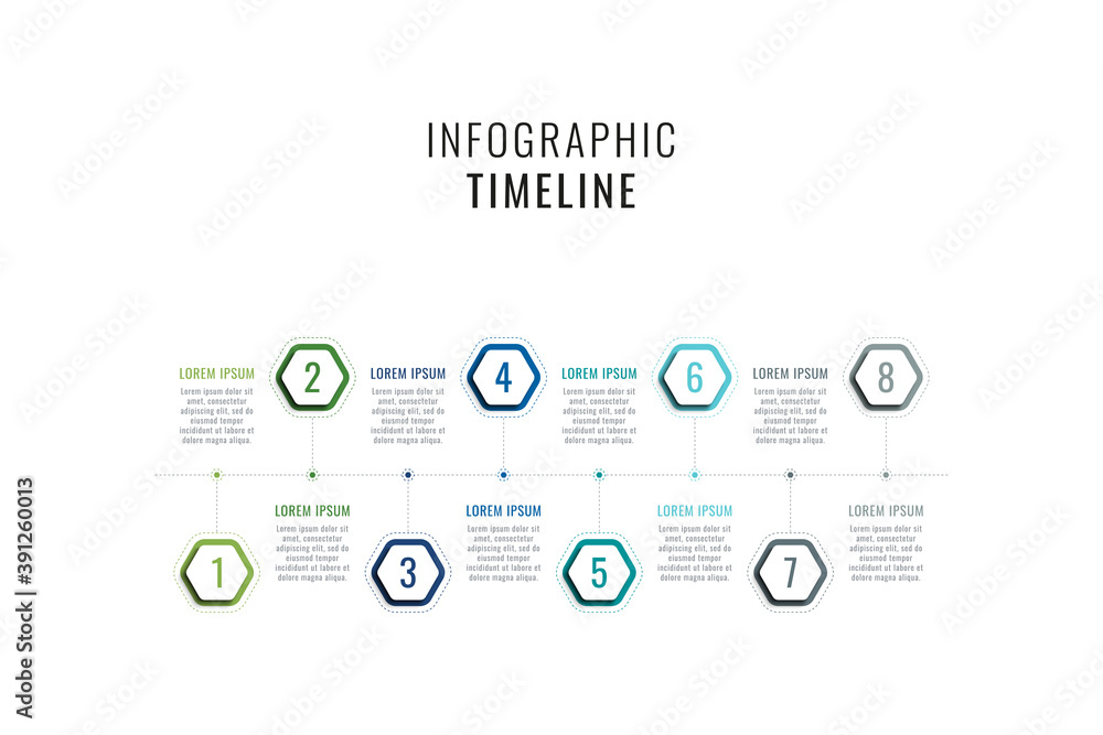 Fototapete eight steps horizontal timeline infographic template. multicolor hexagonal elements with numbers and