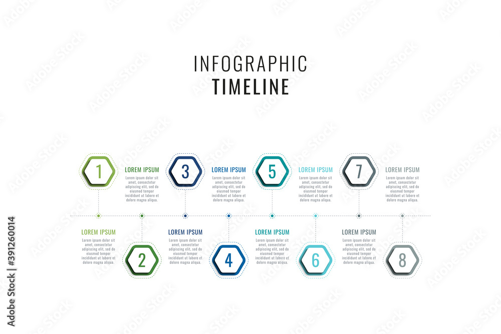 Fototapete eight steps horizontal timeline infographic template. multicolor hexagonal elements with numbers and