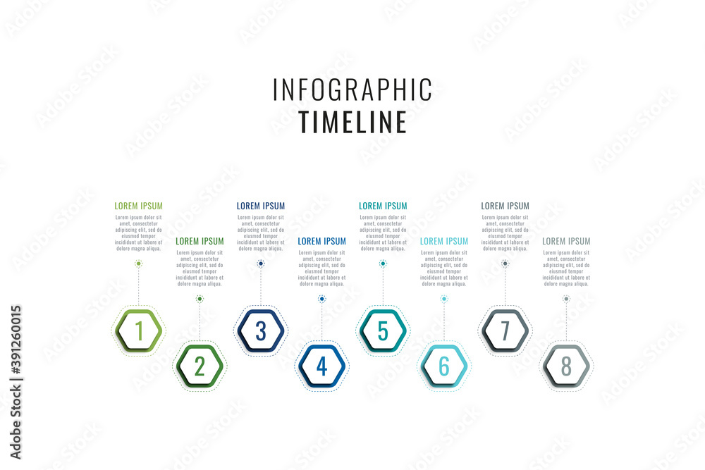 Fototapete eight steps horizontal timeline infographic template. multicolor hexagonal elements with numbers and