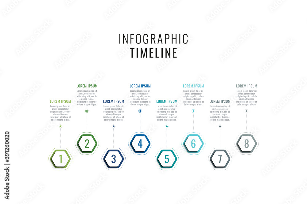 Fototapete eight steps horizontal timeline infographic template. multicolor hexagonal elements with numbers and