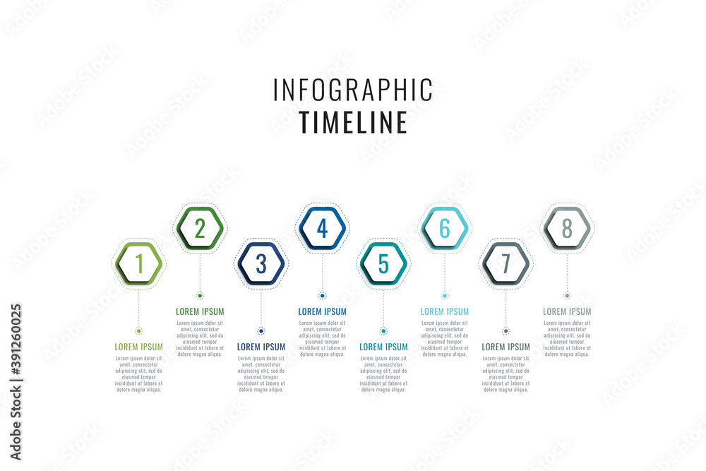 Fototapete eight steps horizontal timeline infographic template. multicolor hexagonal elements with numbers and