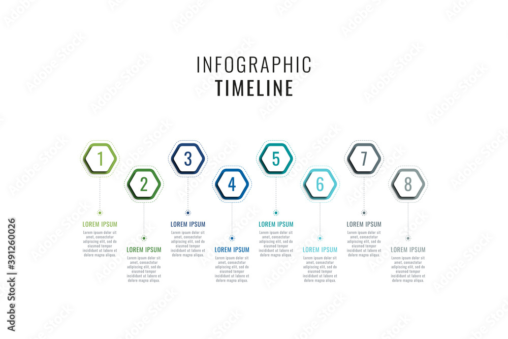 Fototapete eight steps horizontal timeline infographic template. multicolor hexagonal elements with numbers and
