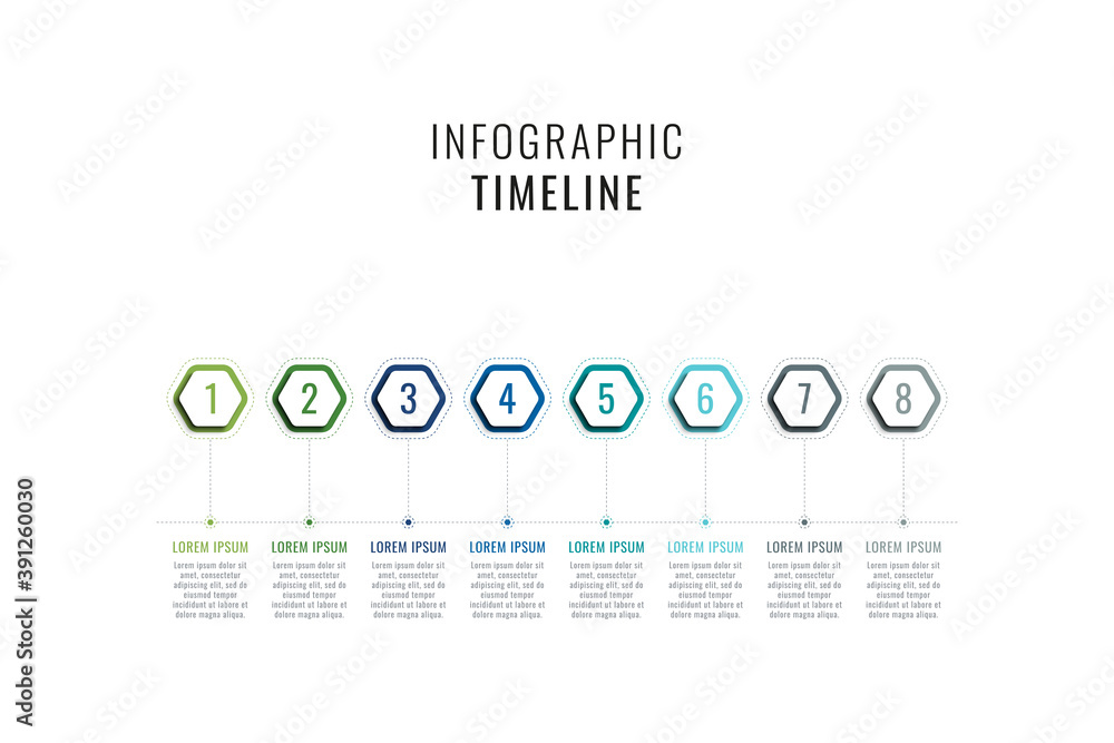 Fototapete eight steps horizontal timeline infographic template. multicolor hexagonal elements with numbers and