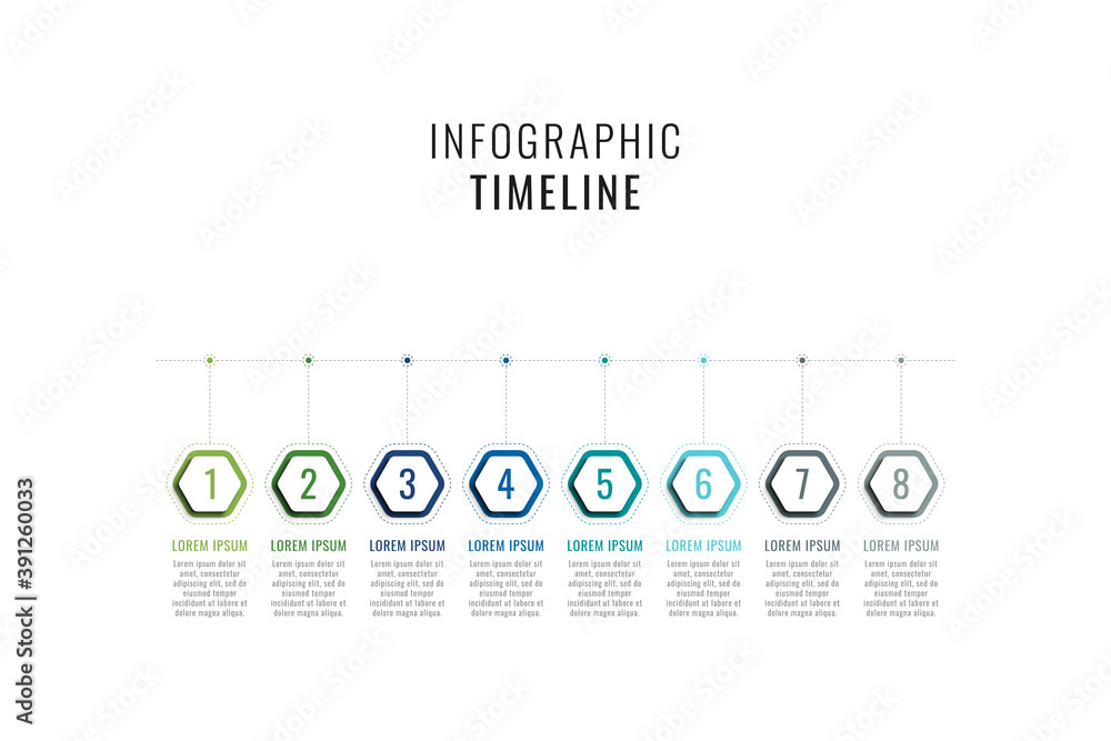 Fototapete eight steps horizontal timeline infographic template. multicolor hexagonal elements with numbers and
