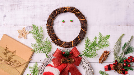 Christmas gift and decoration on white background. Xmas and New Year celebration for party on holiday.