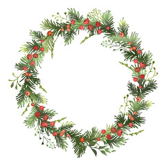 Fototapeta na wymiar Christmas spruce wreath with red berries. Pine wreath. Decorative element.