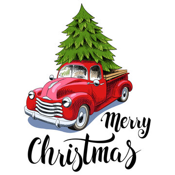 Red retro truck with Christmas tree and text Merry Christmas isolated on white, vector illustration. Christmas card. 