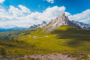 Passo Giau, Dolomites, Italy. Beautiful summer mountain landscape. High Alpine road