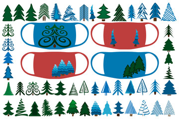 Large Christmas set of Christmas trees. A set designed for prints on medical masks, flyers, websites, and more.