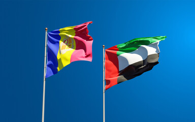 Beautiful national state flags of UAE United Arab Emirates and Andorra together at the sky background. 3D artwork concept.