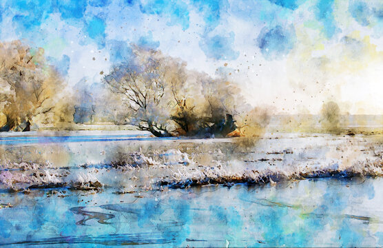 Watercolor painting of havel river winter landscape in Germany. snowy Havelland region.