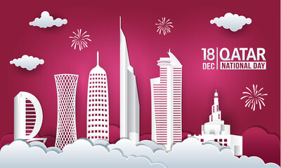 Vector illustration of 18th December Qatar national day celebration with city skyline, qatar flag and fireworks