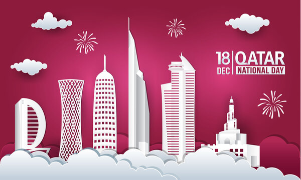 Vector illustration of 18th December Qatar national day celebration with city skyline, qatar flag and fireworks - Powered by Adobe