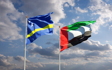 Beautiful national state flags of UAE United Arab Emirates and Curacao together at the sky background. 3D artwork concept.
