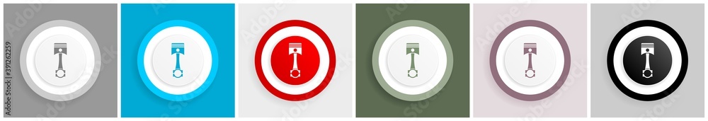 Poster Piston icon set, colorful flat design vector illustrations in 6 options for web design and mobile applications