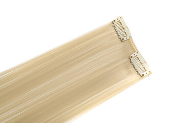 close up of clip in straight blonde synthetic hair extensions