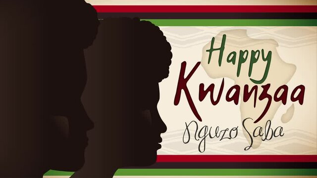 Dark skinned man and woman faces together, an Africa map silhouette and ribbons for Kwanzaa celebration with greeting message. Video animated 4K