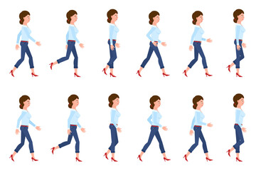 Fototapeta na wymiar Young, adult woman in jeans walking sequence poses vector illustration. Moving forward, fast, slow going person cartoon character set on white