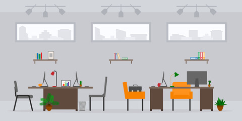 Design of modern empty office work place front view vector illustration. Cartoon table, desk, chair, computer, building, desktop, lamp, plant isolated on cityscape background