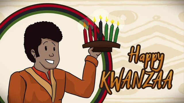 Happy afro-American man holding a kinara and candles with traditional colors of Kwanzaa celebration. Video animated 4K