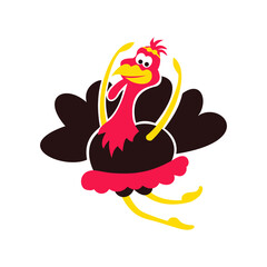 Thanksgiving Day vector dancing turkey. Hand drawn colorful isolated illustration in cartoon style with bird dancer. November Holiday surface design for card, t-shirt, card, banner, flyer, invitation