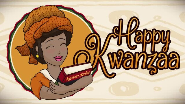 Beauty smiling dark skinned lady wearing a turban and celebrating Kwanzaa holding a book with the Seven Principles of African Heritage (or Nguzo Saba). Video animated 4K