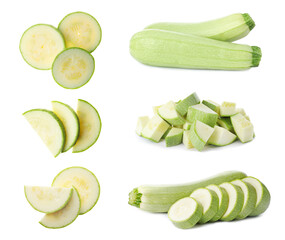 Set of cut and whole squashes on white background