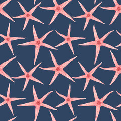 Beautiful vector seamless underwater pattern with watercolor starfish. Stock illustration.
