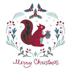 Cute squirrel holding acorn present. Christmas vector illustration.