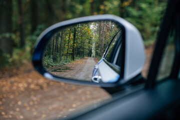 Rearview mirror in a car with a reflection of a forest landscape