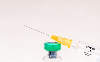 Pharmaceutical research. Coronavirus, Covid 19 virus Syringe and vaccine vial. Research, Medicine,...