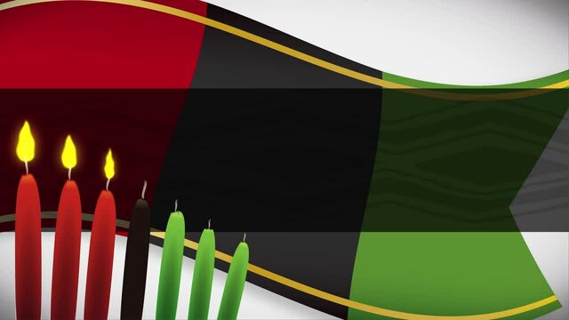 Traditional symbols for Kwanzaa: corn, colored candles, flag, wooden cup and scroll with Africa silhouette commemorating the Seven Principles of African Heritage (or Nguzo Saba). Video animated 4K