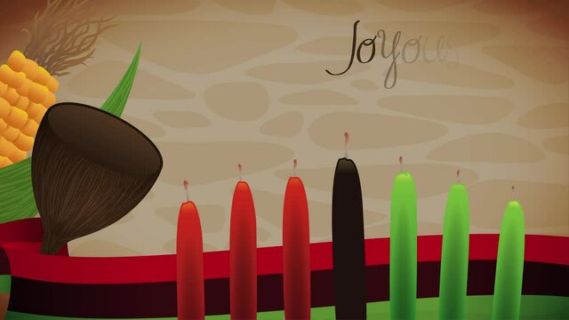 Poster with traditional lighted candles, flag, wooden cup and corn to celebrate Kwanzaa in December. Video animated 4K