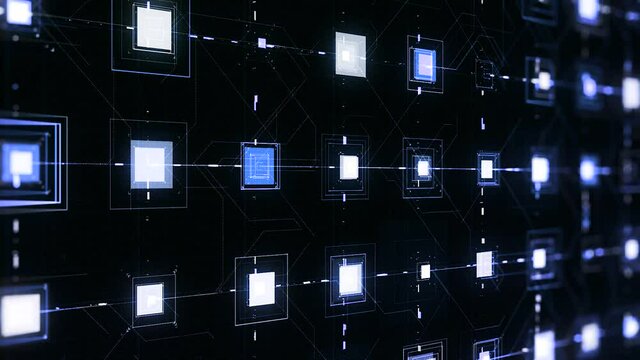Pulsating squares on black background. Animation. Electronic squares pulsate with connected lines on black background. Cyber field with networks and pulsing neon cells
