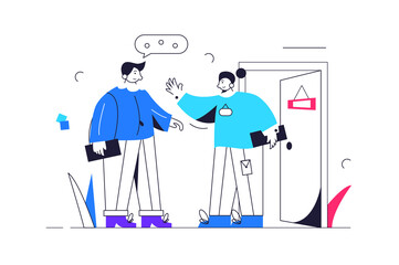 Girl assistant meets client in front of office entrance, open door isolated on white background, flat vector illustration