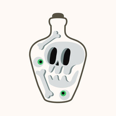 Witch poison bottle with skull, bones, eyes. Halloween vector illustration for cards, invitation, poster, shirt, sticker, decal, transfer, banner, flyer. Hand drawn graphic design