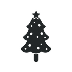 Fototapeta premium Christmas pine fir tree with star, snow and ornament balls isolated on white background icon. Simple black and white silhouette minimal flat vector illustration design.