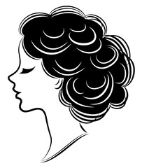 Silhouette of a profile of a sweet lady's head. The girl shows a female hairstyle on medium and long hair. Suitable for logo, advertising. Vector illustration.