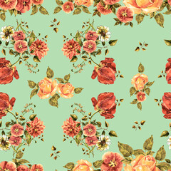 Floral seamless pattern with watercolor flowers on green background. Bouquet flowers tulip, rose and dahlia.