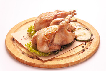 Fried quail on a wooden cutting board isolated on a white background.