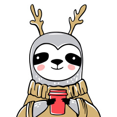Cute vector sloth bear with cup of coffee, in ugly sweater or jumper. Doodle, sketch style. Christmas greeting card. Animals funny character, lazy Xmas