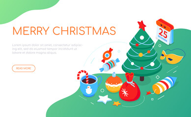 Merry Christmas - modern colorful isometric web banner