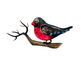 Winter bird (bullfinch) on a branch - winter and christmas collection. Watercolor illustration. Isolated element on white background.