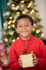 Happy Adorable Black Child Holding Christmas Present in front of Sparkling Christmas Tree