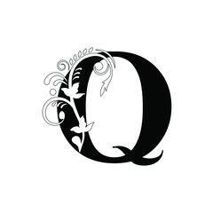 letter Q. Vintage black flower ornament initial letters.  Alphabet. Logo vector 