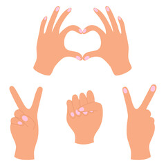 Female hands folded heart, woman fingers showing victory sign, girl's hand with clenched fist. Feminist vector illustration, isolated elements on white background, for card, flyer, advertising