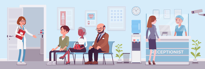 Hospital reception good work in clinic hall to help, assist patients. Doctor or physician office, health facility to provide high quality healthcare service. Vector flat style cartoon illustration