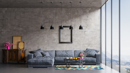 Modern interior design in an apartment, house, office, bright modern interior details and light from the window against the background of a concrete wall and floor with reflection.